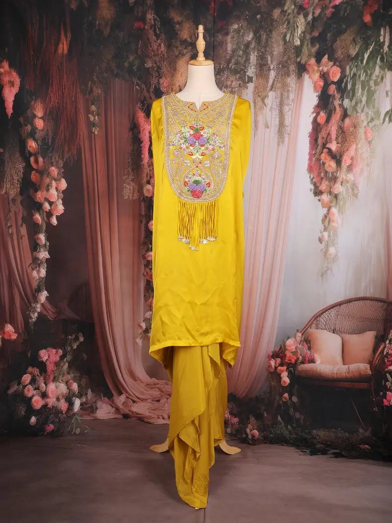 Mustard Yellow Floral Embroidered Yoke Design Satin Kaftan Set With Layered Draped Bottom 1