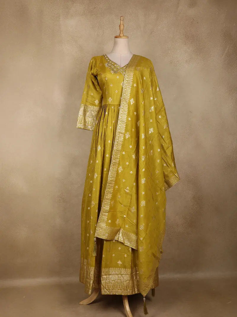 Mustard Yellow Floral Gold Zari Butta Woven Design Tissue Banarasi Gown With Dupatta 1