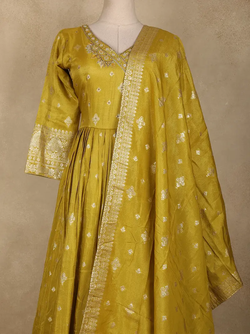 Mustard Yellow Floral Gold Zari Butta Woven Design Tissue Banarasi Gown With Dupatta 2