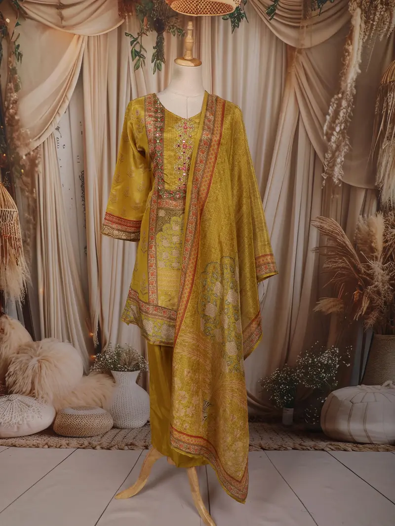 Mustard Yellow Floral Mirror Embroidered Design Organza Salwar Suit With Dupatta 1
