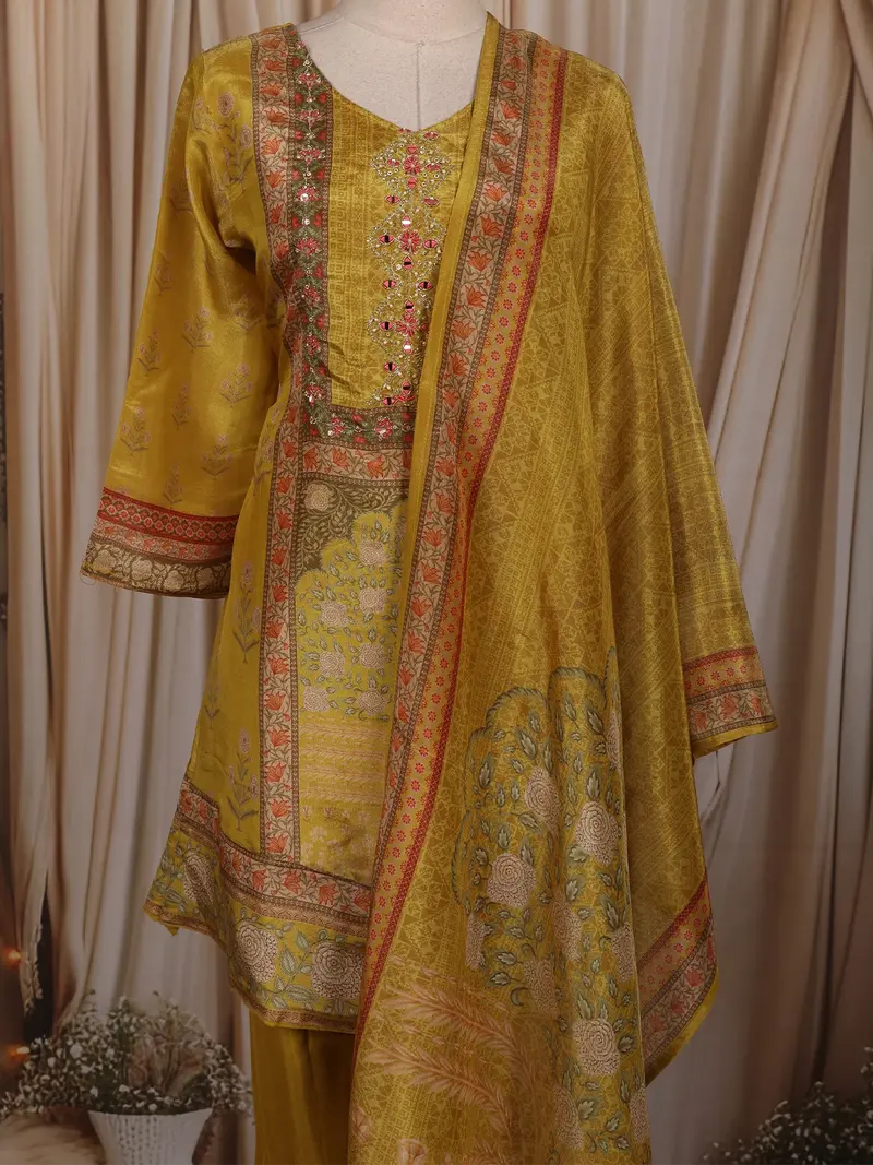 Mustard Yellow Floral Mirror Embroidered Design Organza Salwar Suit With Dupatta 2
