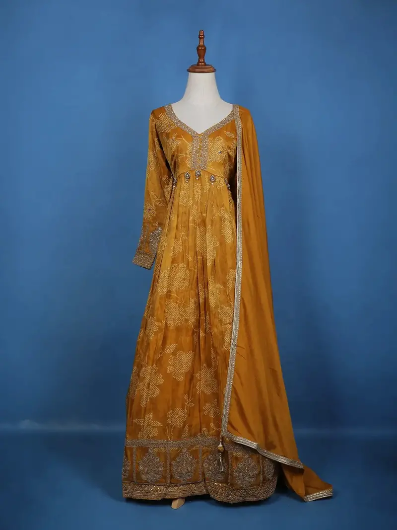 Mustard Yellow Floral Motif Bead And Printed Georgette Gown 1
