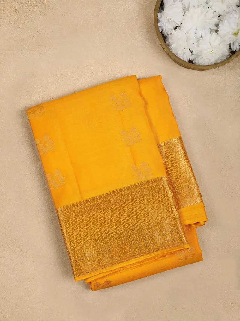 Mustard Yellow Floral Motif Pure Kanchipuram Silk Saree 1