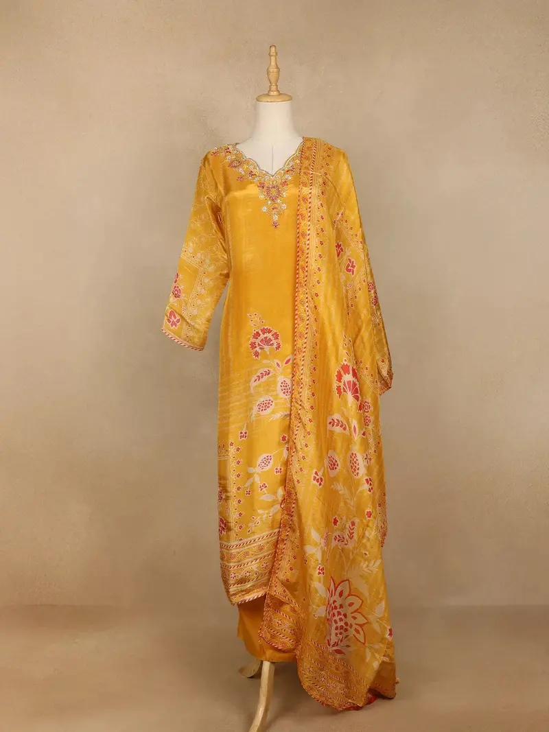 Mustard Yellow Floral Print Tissue Straight Cut Salwar Suit 1