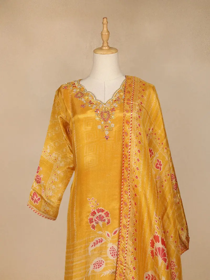 Mustard Yellow Floral Print Tissue Straight Cut Salwar Suit 2