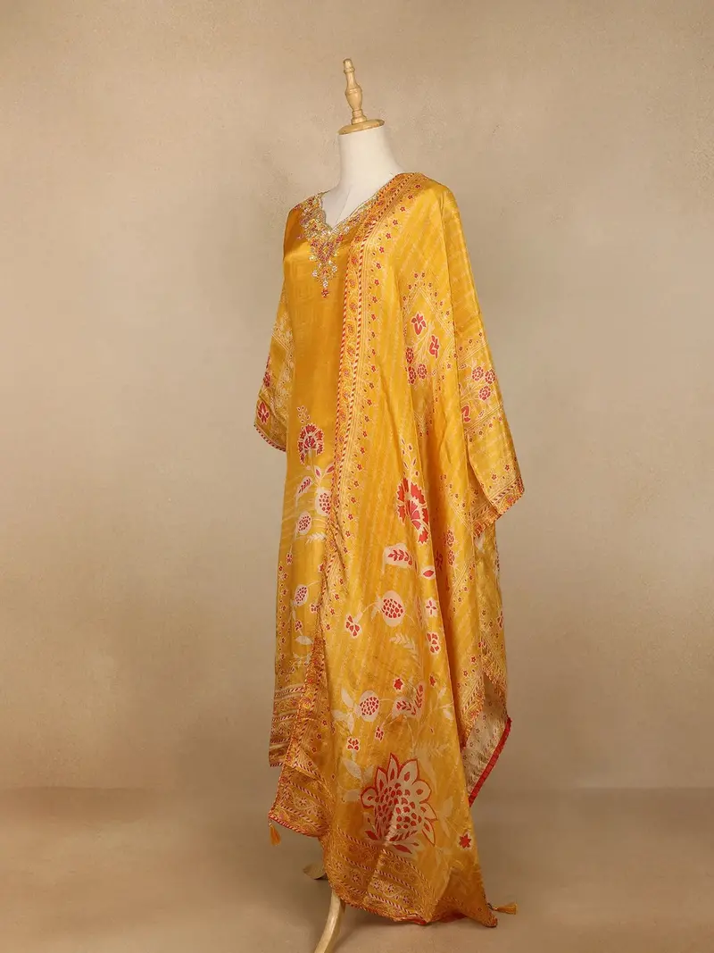 Mustard Yellow Floral Print Tissue Straight Cut Salwar Suit 3