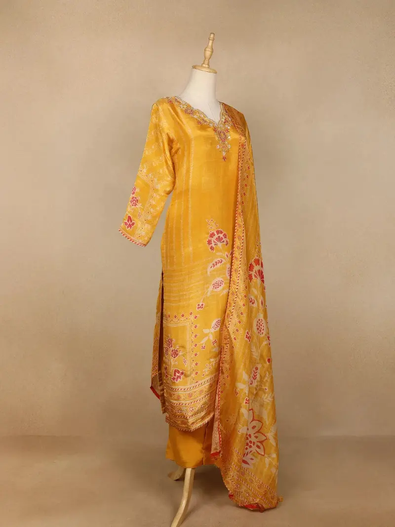 Mustard Yellow Floral Print Tissue Straight Cut Salwar Suit 4