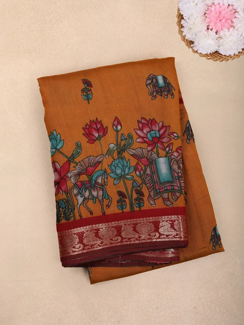 Mustard Yellow Floral Printed Chanderi Cotton Saree With Contrast Zari Border 1