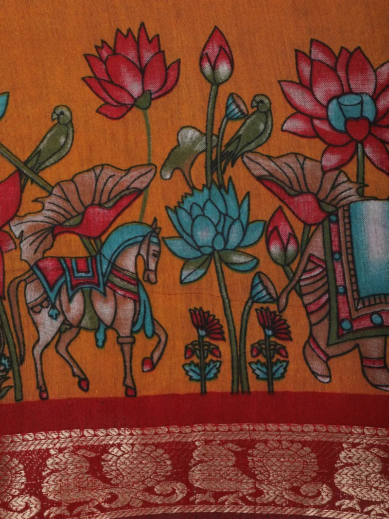 Mustard Yellow Floral Printed Chanderi Cotton Saree With Contrast Zari Border 2
