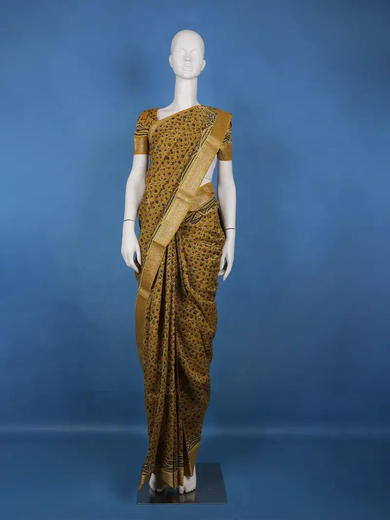 Mustard Yellow Floral Printed Chandheri Cotton Saree 1