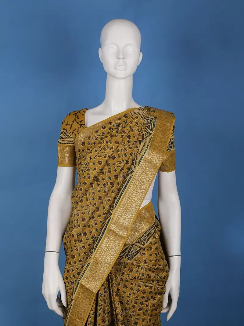 Mustard Yellow Floral Printed Chandheri Cotton Saree 2