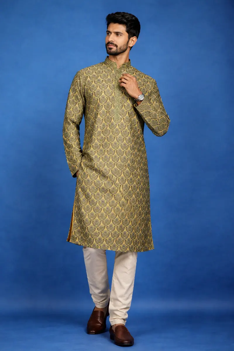 Mustard Yellow Floral Printed Cotton Kurta Set , With Pant 1