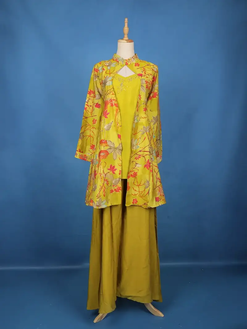 Mustard Yellow Floral Printed Cotton Palazzo Suit 1