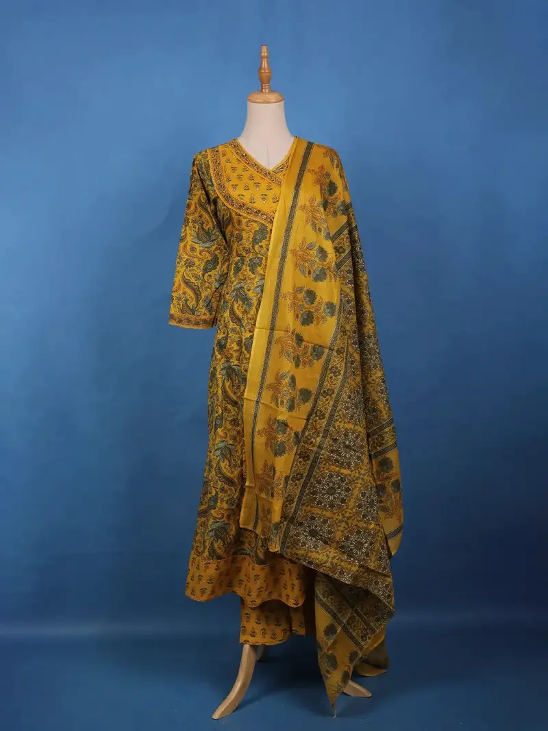 Mustard Yellow Floral Printed Cotton Salwar Suit 1