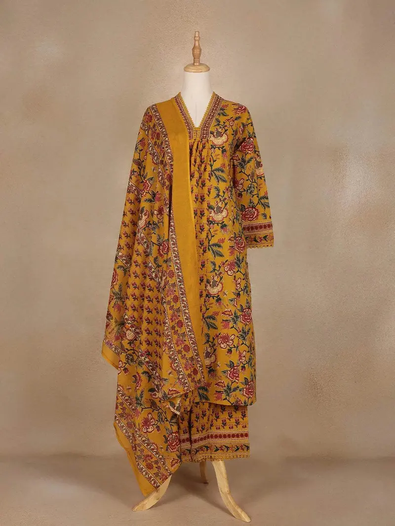 Mustard Yellow Floral Printed Cotton Salwar Suit 1