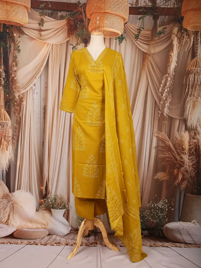 Mustard Yellow Floral Printed Cotton Salwar Suit 1