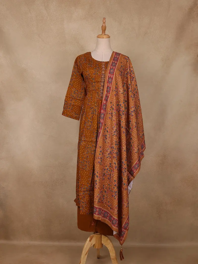 Mustard Yellow Floral Printed Cotton Salwar Suit With Dupatta 1
