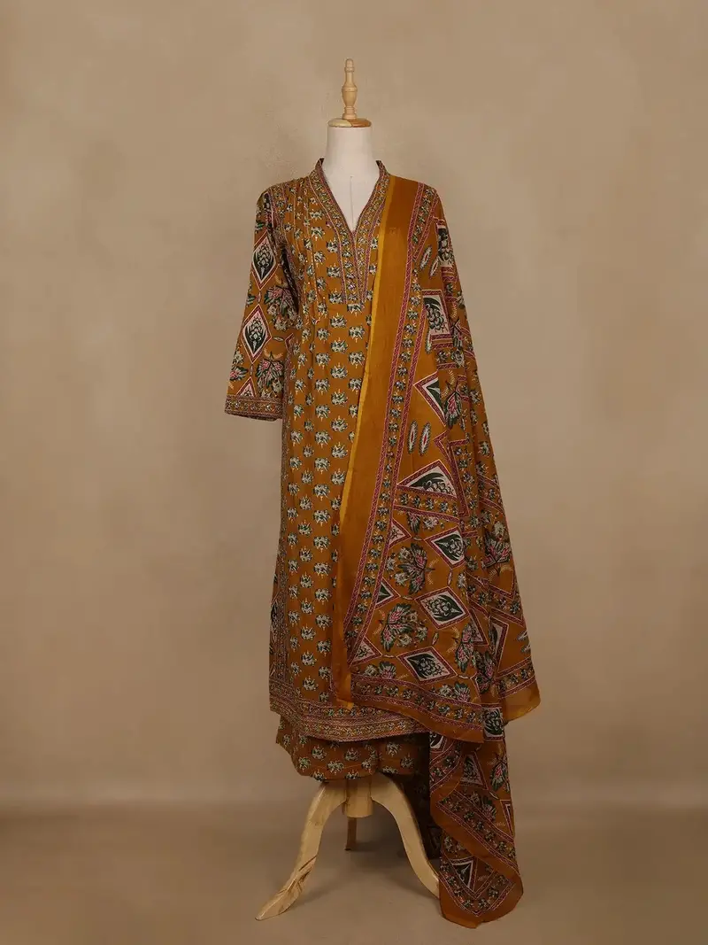 Mustard Yellow Floral Printed Cotton Salwar Suit With Dupatta 1