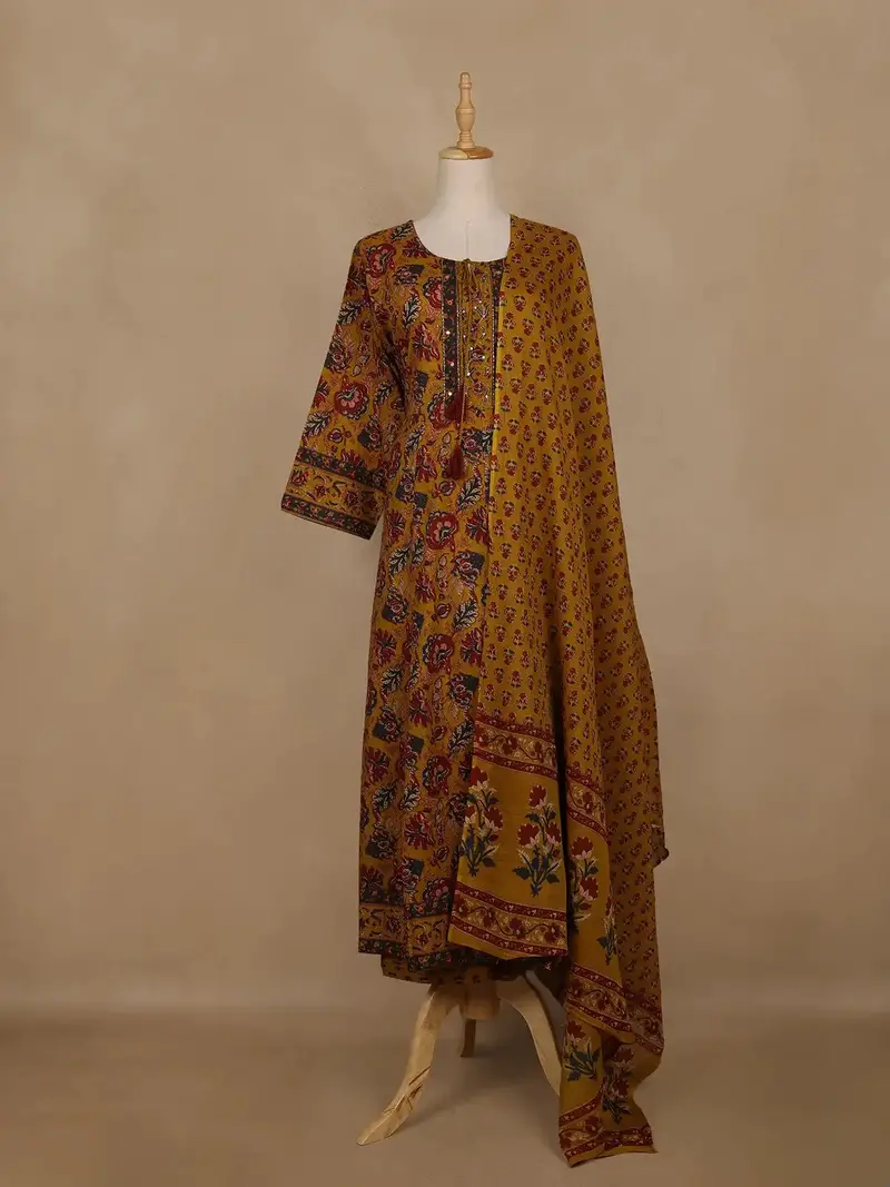 Mustard Yellow Floral Printed Cotton Salwar Suit With Dupatta 1
