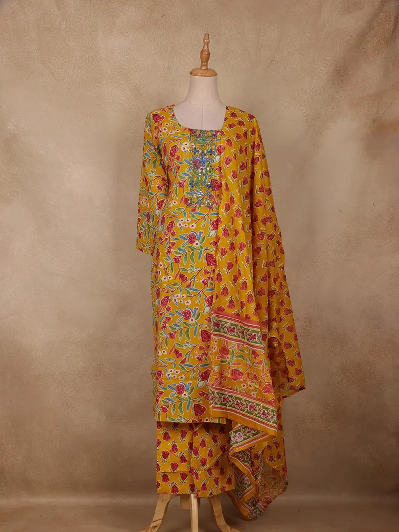 Mustard Yellow Floral Printed Cotton Salwar Suit With Dupatta 1