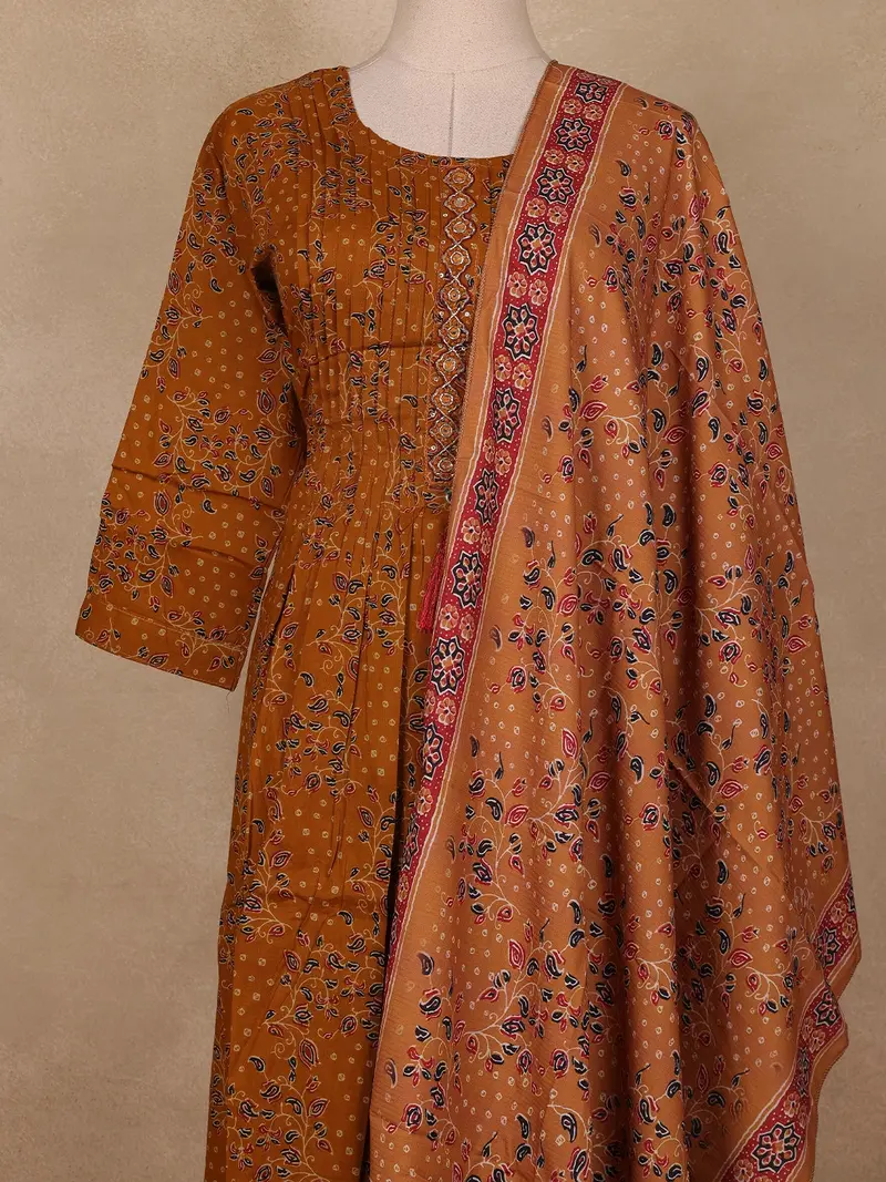 Mustard Yellow Floral Printed Cotton Salwar Suit With Dupatta 2