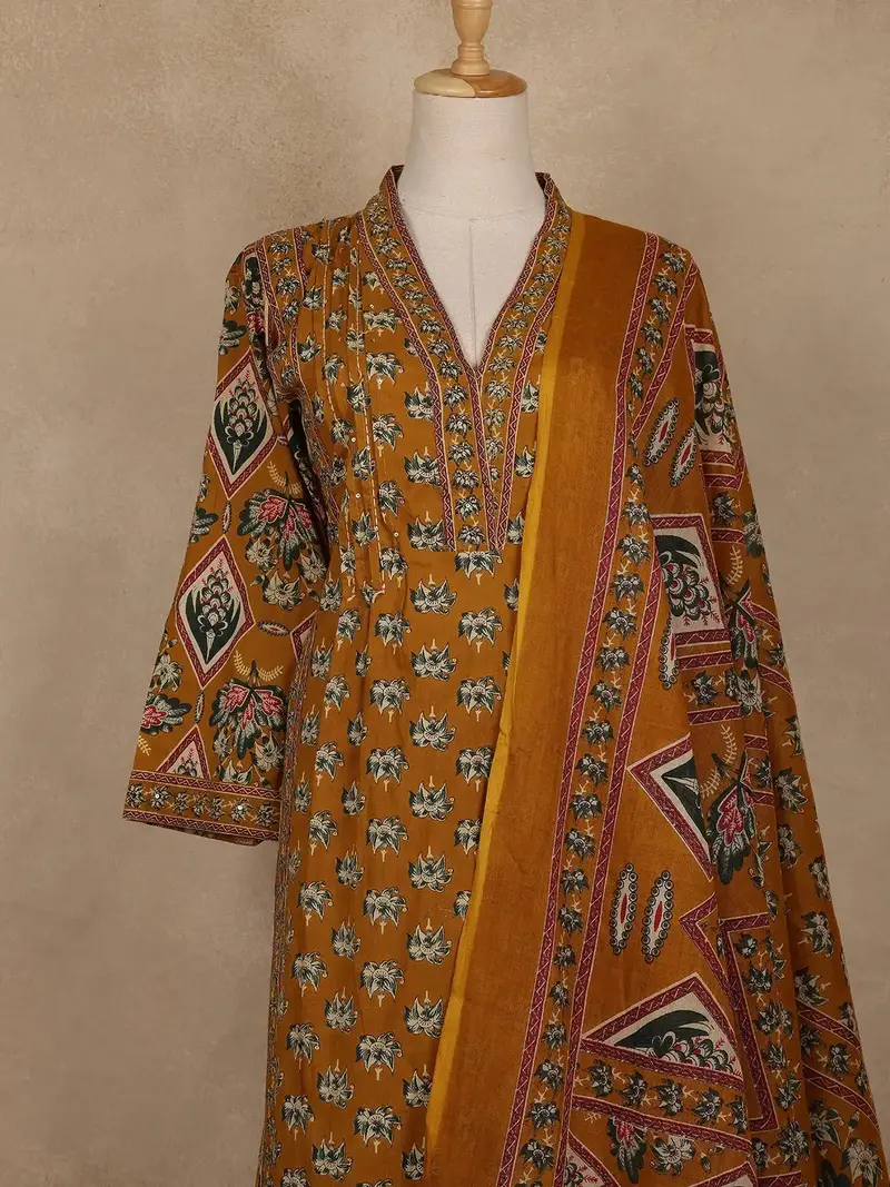 Mustard Yellow Floral Printed Cotton Salwar Suit With Dupatta 2