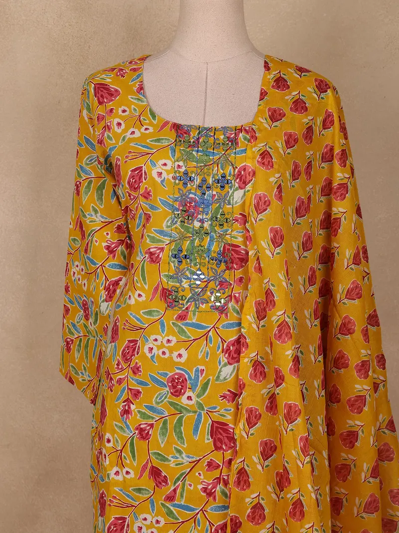 Mustard Yellow Floral Printed Cotton Salwar Suit With Dupatta 2