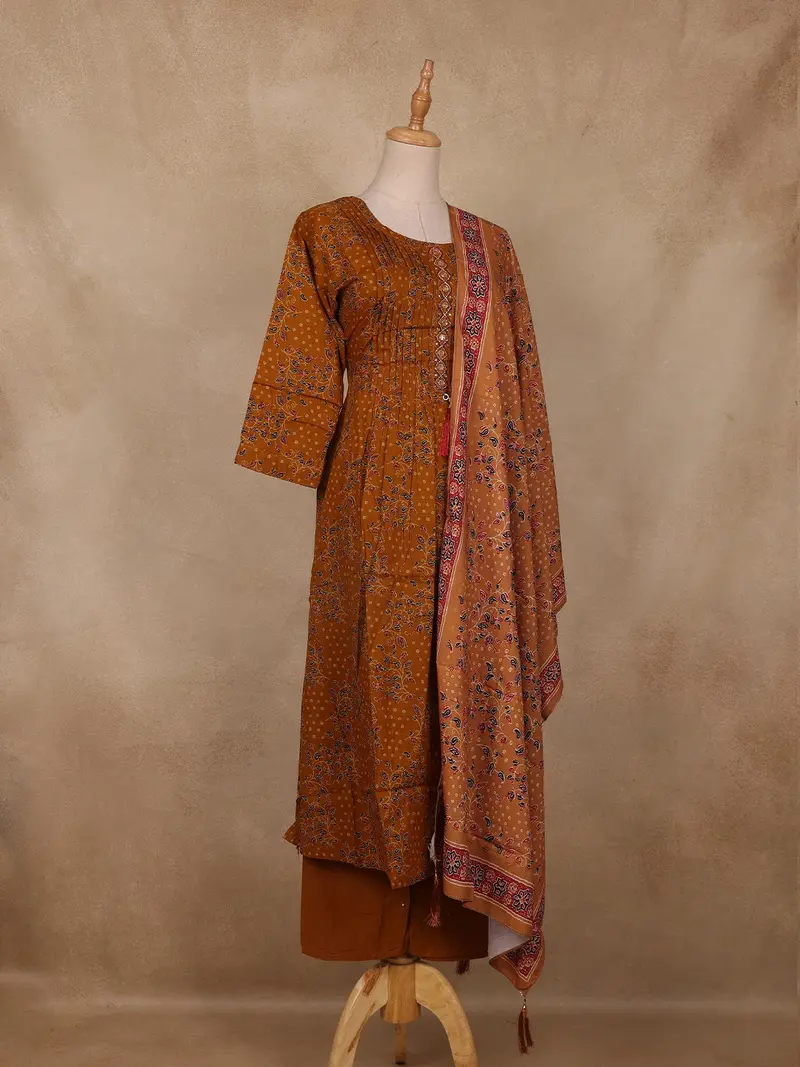 Mustard Yellow Floral Printed Cotton Salwar Suit With Dupatta 3
