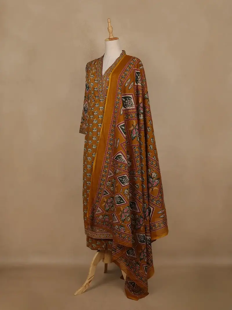 Mustard Yellow Floral Printed Cotton Salwar Suit With Dupatta 3