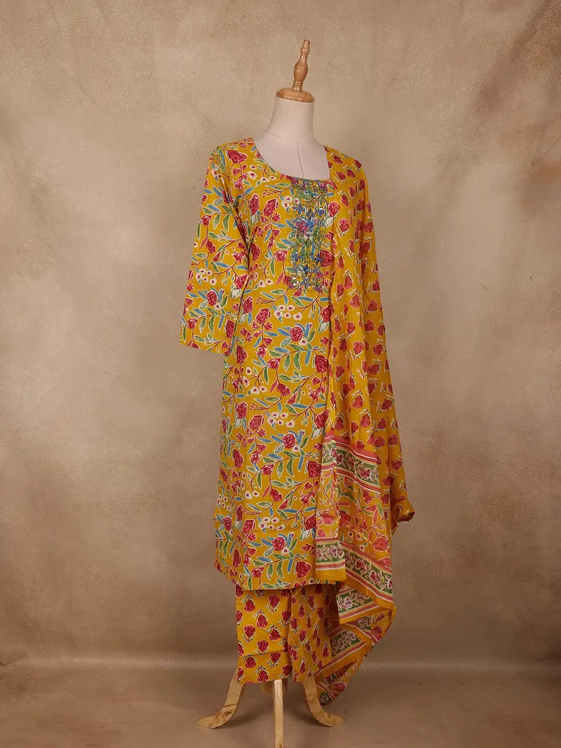 Mustard Yellow Floral Printed Cotton Salwar Suit With Dupatta 3