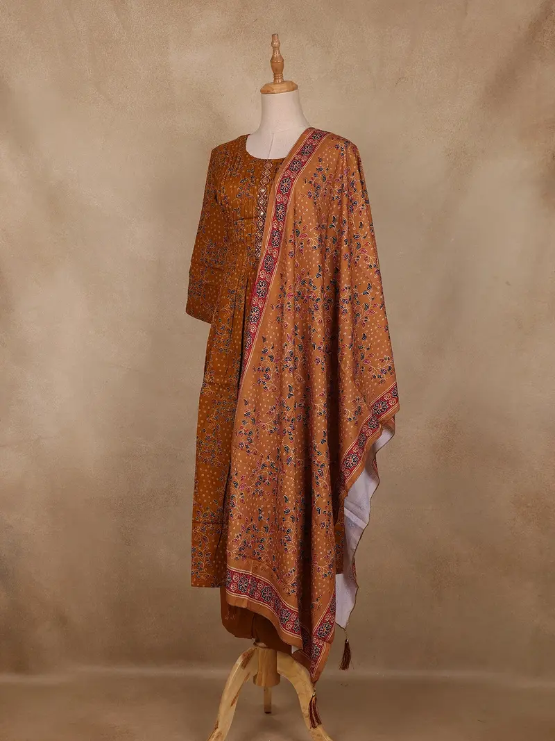 Mustard Yellow Floral Printed Cotton Salwar Suit With Dupatta 4