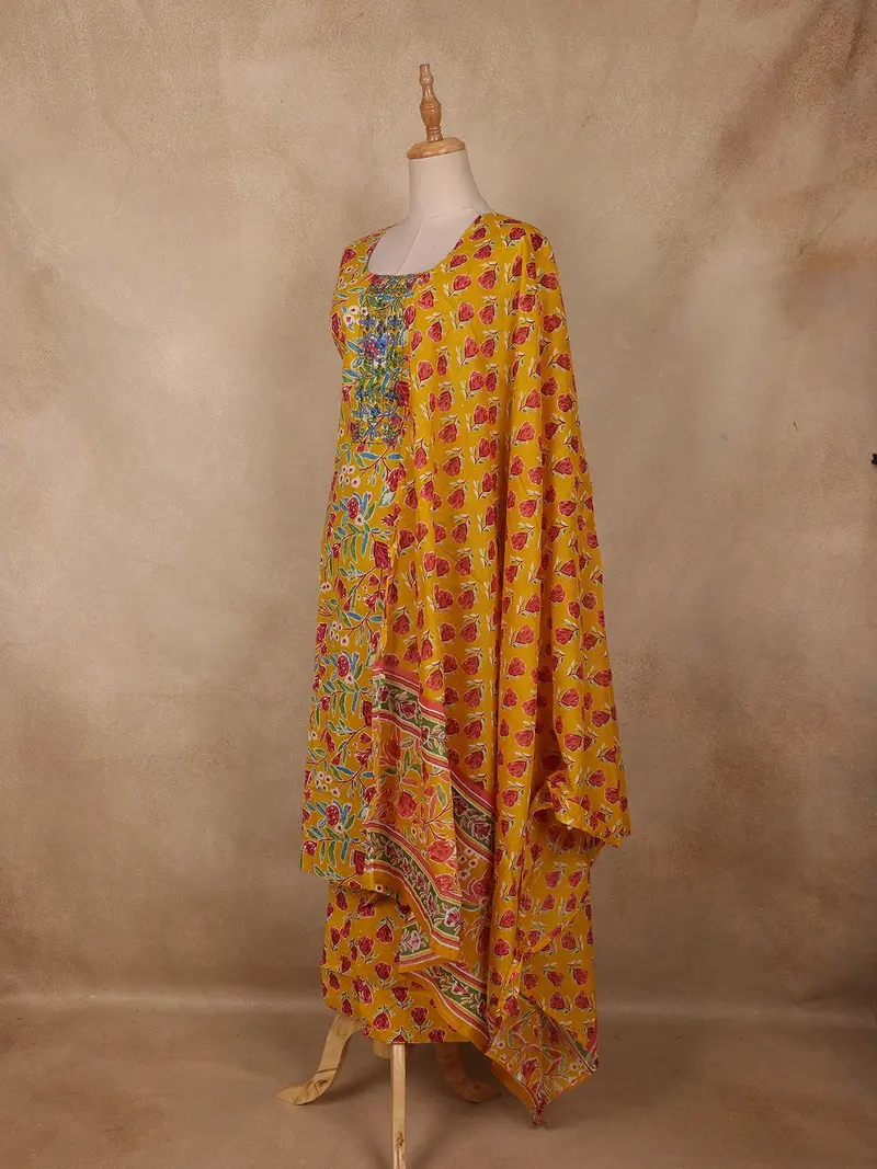 Mustard Yellow Floral Printed Cotton Salwar Suit With Dupatta 4