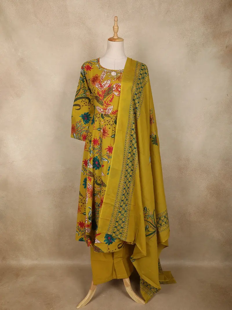 Mustard Yellow Floral Printed Cotton Salwar Suit With Printed Dupatta 1