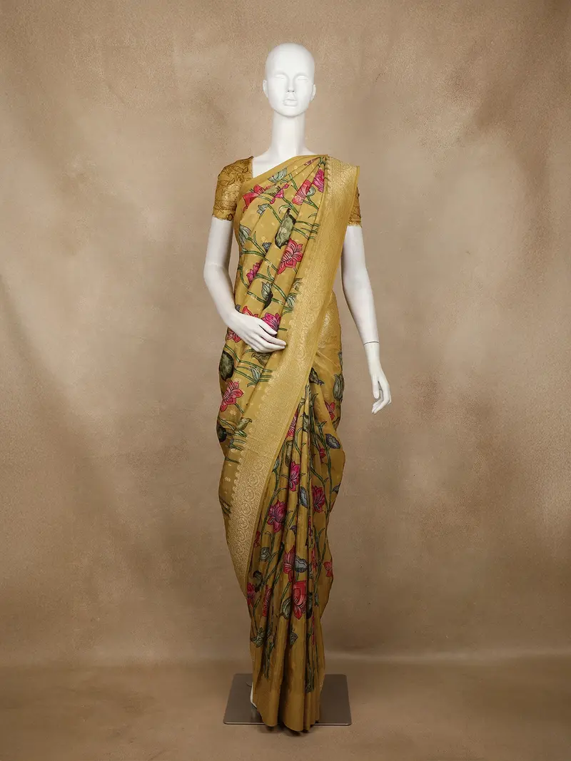 Mustard Yellow Floral Printed Design Banarasi Saree With Zari Border 1