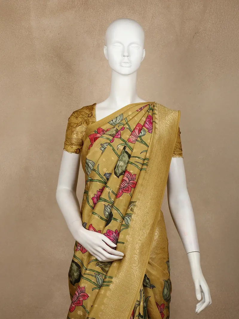 Mustard Yellow Floral Printed Design Banarasi Saree With Zari Border 2
