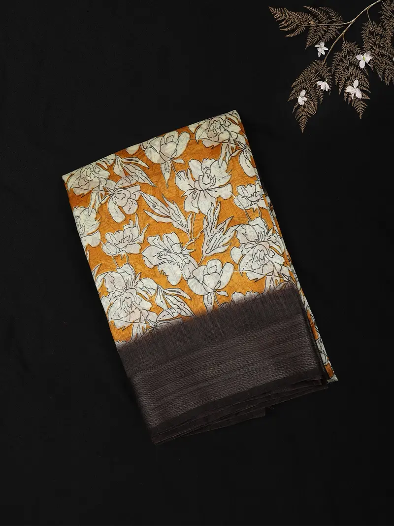 Mustard Yellow Floral Printed Design Blended Cotton Saree With Contrast Border 1