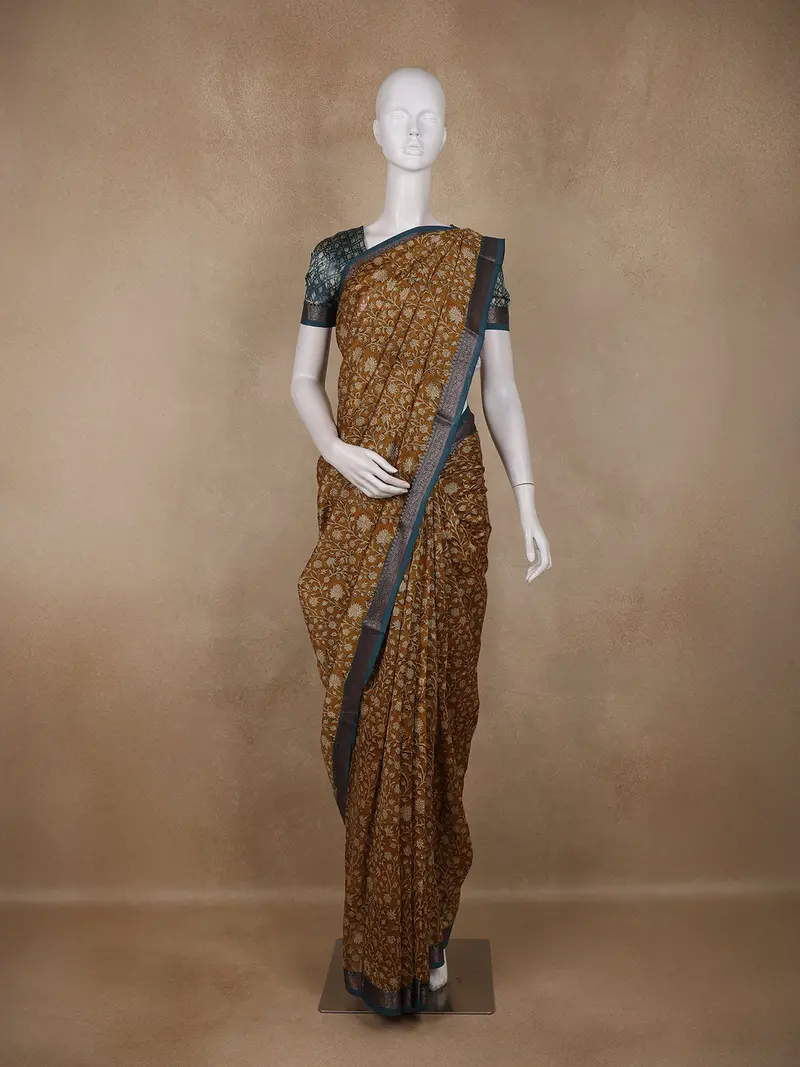 Mustard Yellow Floral Printed Design Chanderi Cotton Saree With Contrast Zari Border 1