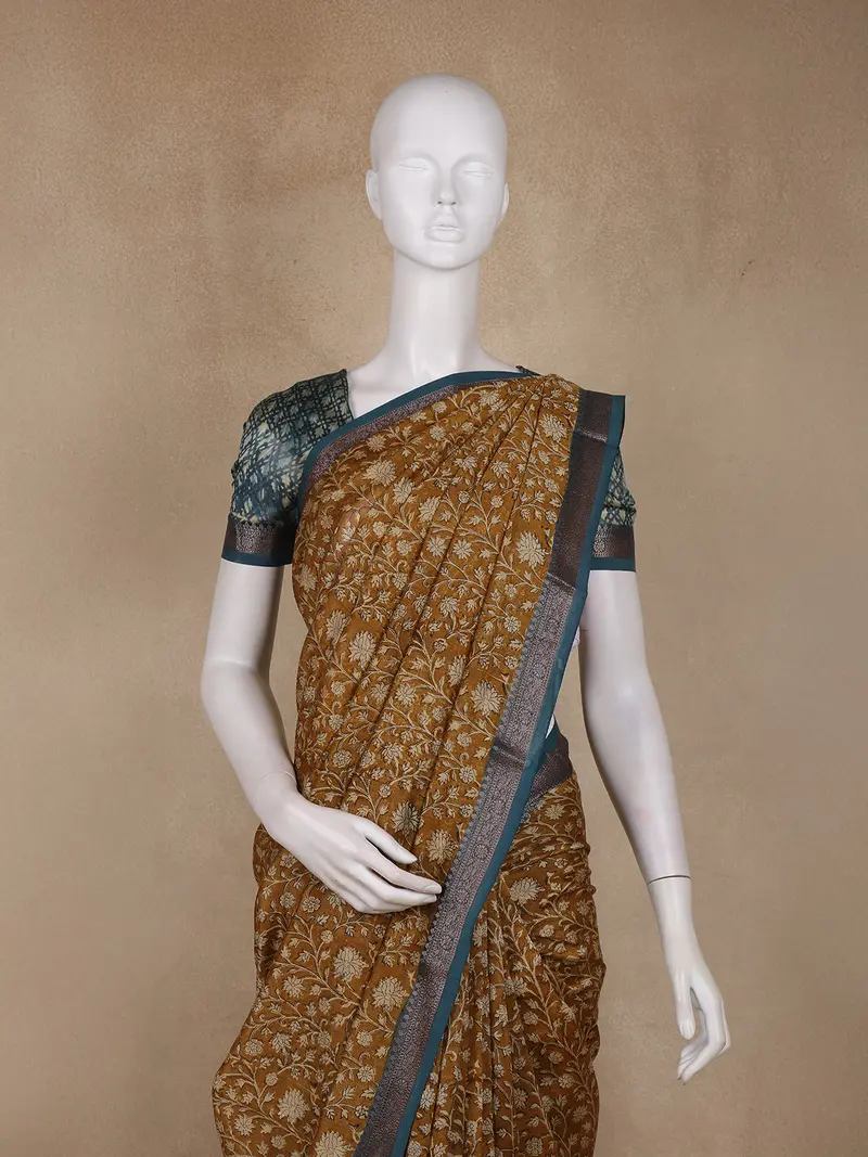 Mustard Yellow Floral Printed Design Chanderi Cotton Saree With Contrast Zari Border 2
