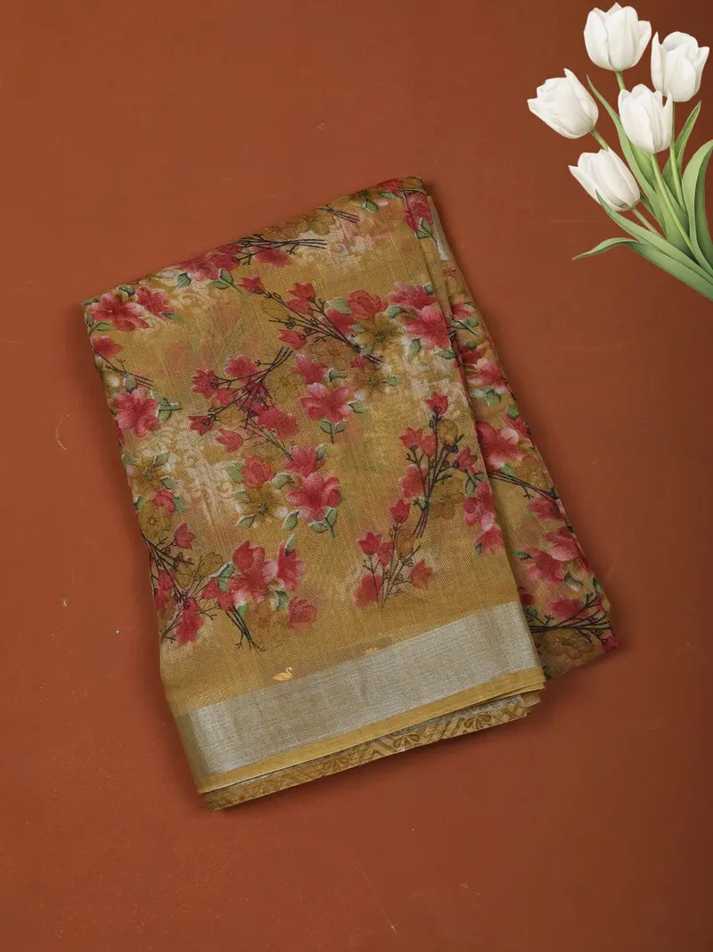 Mustard Yellow Floral Printed Design Chiffon Casual Saree 1