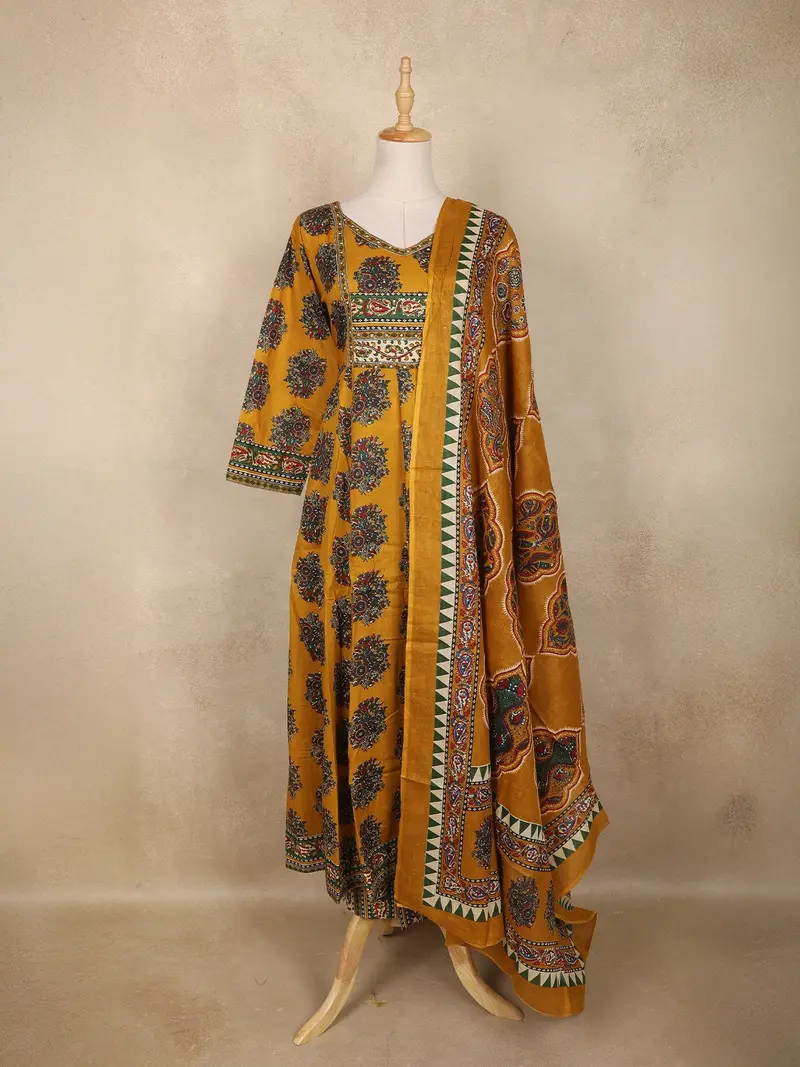 Mustard Yellow Floral Printed Design Cotton Anarkali Salwar Suit 1