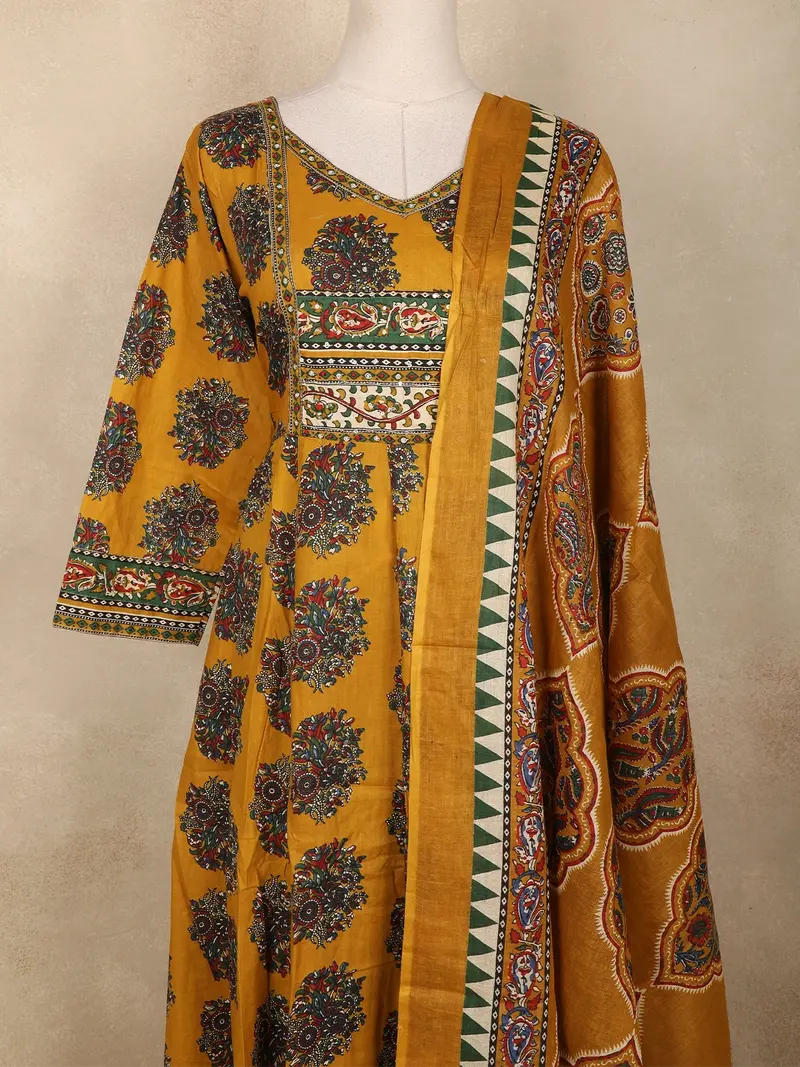 Mustard Yellow Floral Printed Design Cotton Anarkali Salwar Suit 2