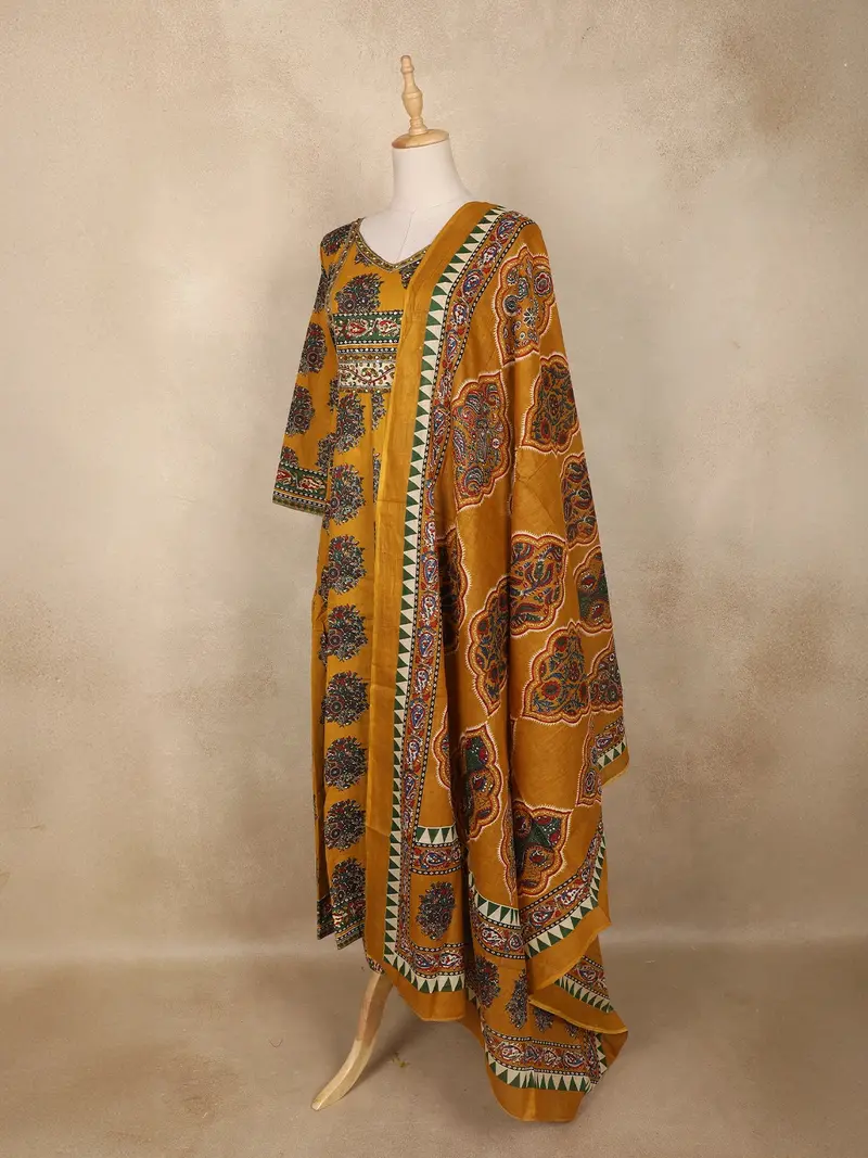Mustard Yellow Floral Printed Design Cotton Anarkali Salwar Suit 3