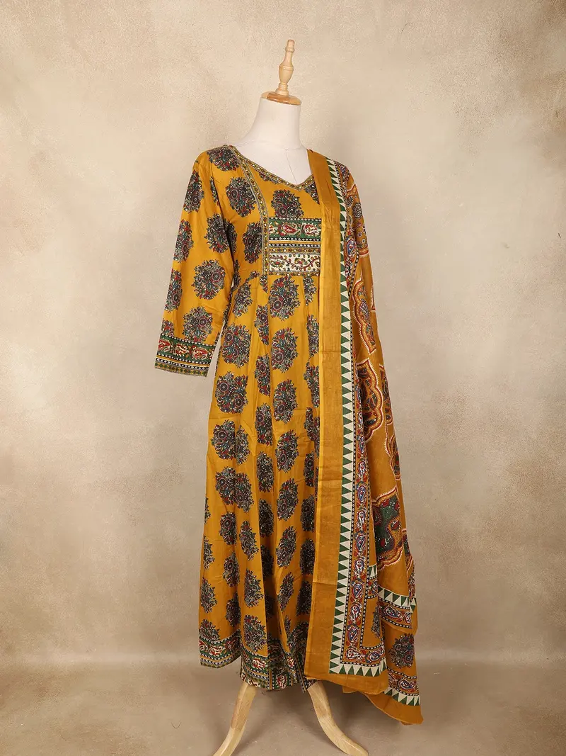 Mustard Yellow Floral Printed Design Cotton Anarkali Salwar Suit 4