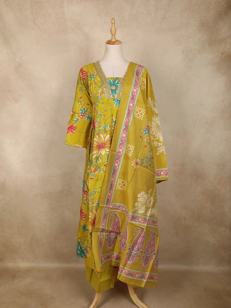Mustard Yellow Floral Printed Design Cotton Anarkali Salwar Suit With Dupatta 1