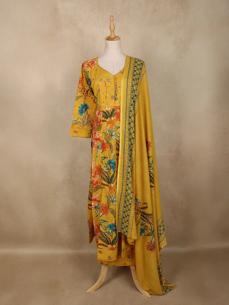 Mustard Yellow Floral Printed Design Cotton Anarkali Salwar Suit With Dupatta 1