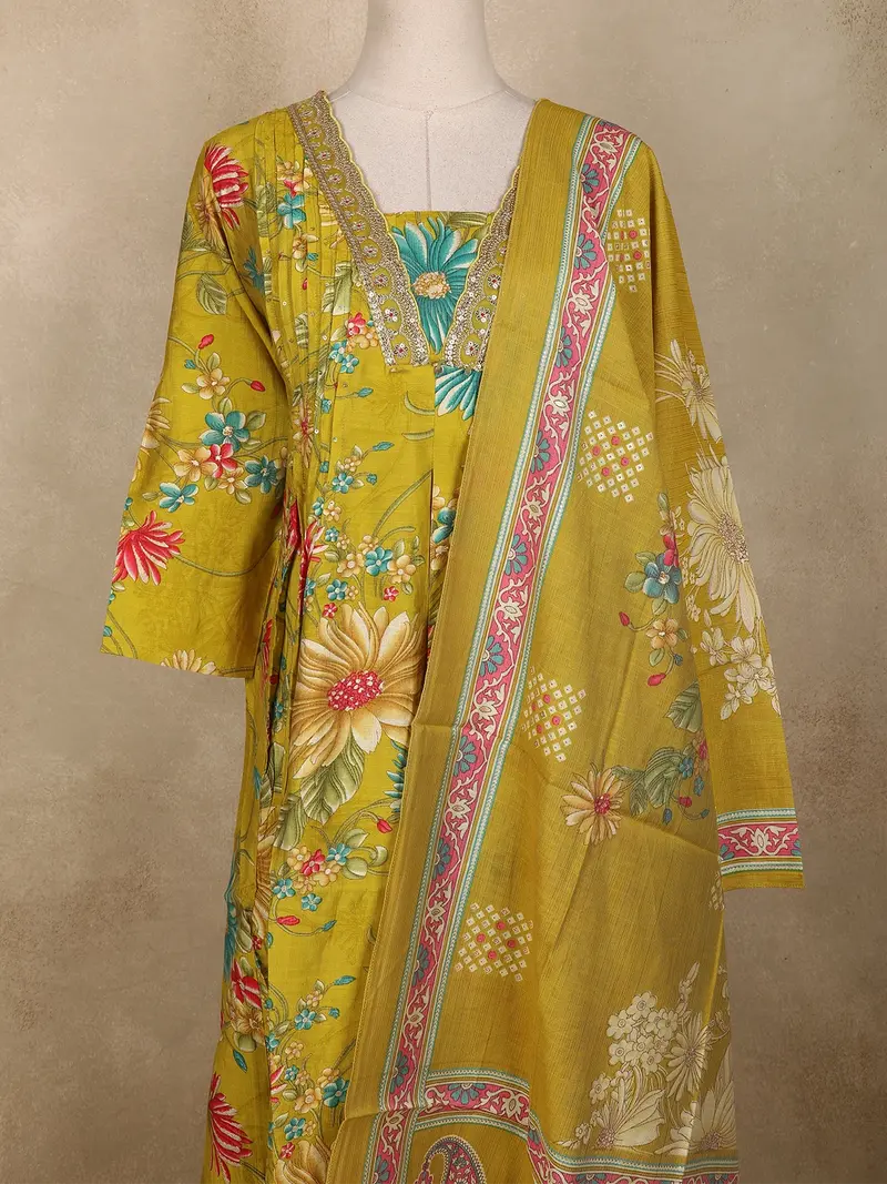 Mustard Yellow Floral Printed Design Cotton Anarkali Salwar Suit With Dupatta 2