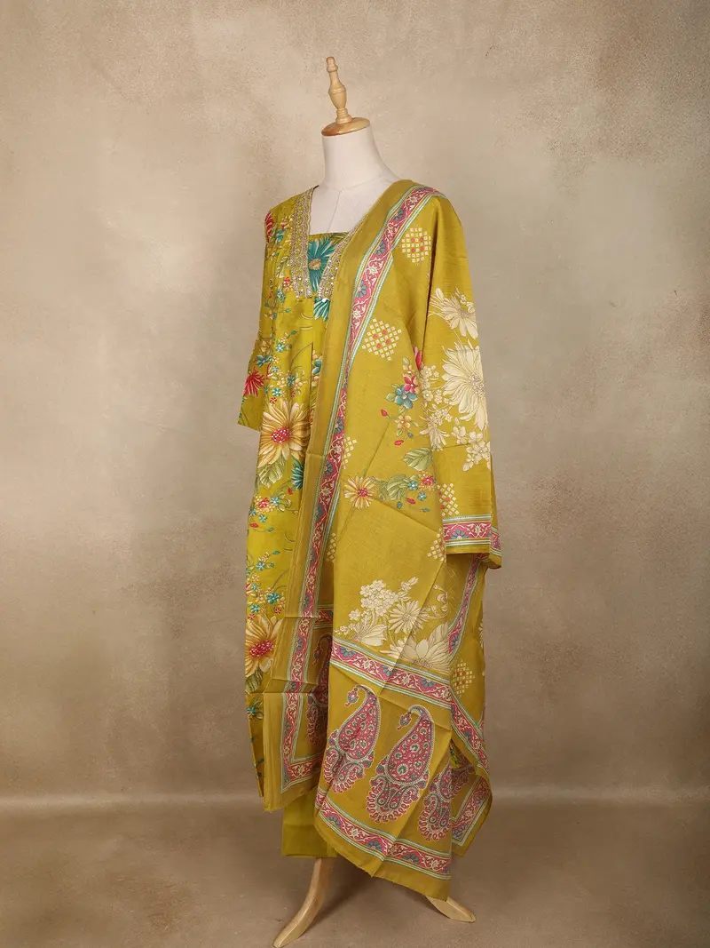 Mustard Yellow Floral Printed Design Cotton Anarkali Salwar Suit With Dupatta 3