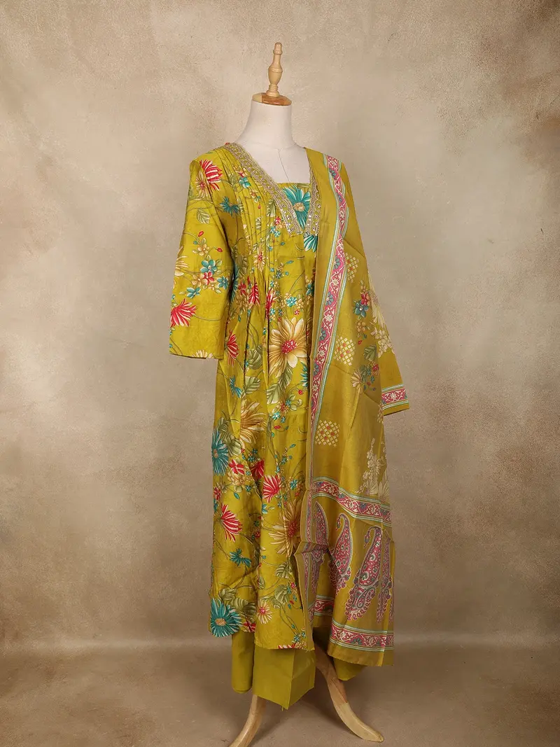 Mustard Yellow Floral Printed Design Cotton Anarkali Salwar Suit With Dupatta 4