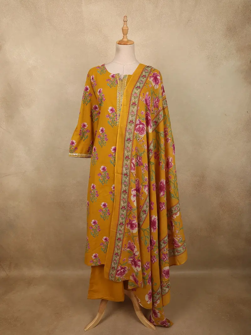 Mustard Yellow Floral Printed Design Cotton Salwar Suit With Dupatta 1