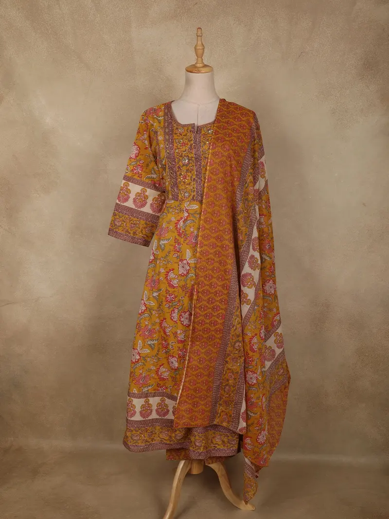 Mustard Yellow Floral Printed Design Cotton Salwar Suit With Dupatta 1